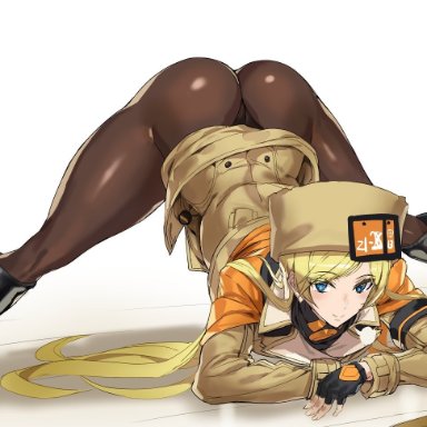 ashiomi masato, ass, ass up, black panties, black thong, blonde hair, blue eyes, blush, boots, dress, dress lift, guilty gear, jack-o pose, long hair, looking at viewer