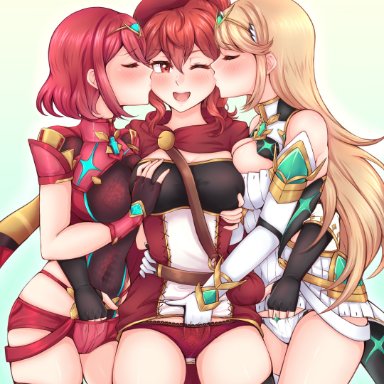 3girls, anna (fire emblem), bare thighs, blonde hair, blush, bodystocking, breast grab, cleavage, crossover, female only, fff threesome, fingering, fingering partner, fingerless gloves, fire emblem