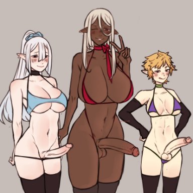 3futas, balls, big breasts, big penis, bikini, blonde hair, breasts, clothed, clothing, dark-skinned futanari, dark skin, elbow gloves, futa only, futanari, gloves