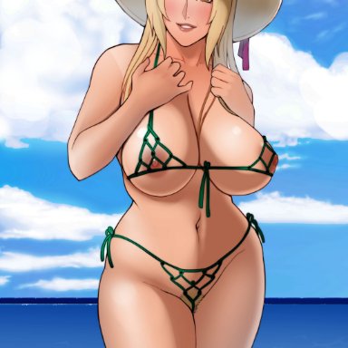 1girls, alternate hairstyle, bare legs, bare shoulders, bbw, beach, big breasts, bikini, blonde hair, blue sky, breasts, breasts bigger than head, brown eyes, cleavage, clouds