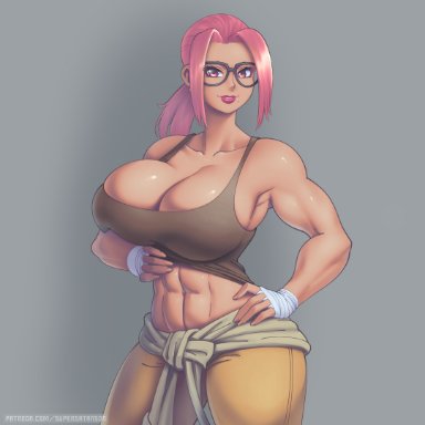 1girls, abs, big breasts, breasts, cleavage, female, female only, glasses, large breasts, muscles, muscular, muscular female, solo, supersatanson