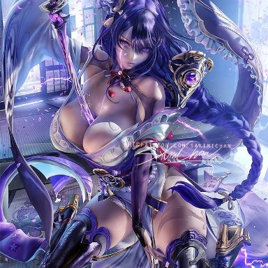 1girls, 2021, artist signature, breasts, exposed shoulders, female, female focus, female only, genshin impact, hips, holding object, huge breasts, long hair, purple clothing, purple eyes