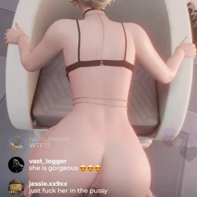 1boy, 1girls, anal, anal sex, animated, big ass, blonde hair, chair, croove, faceless male, instagram, livestream, looking back, lowres, mercy