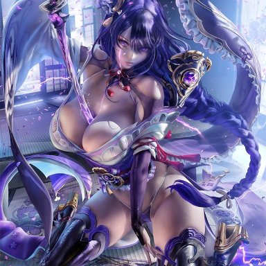 1girls, 2021, artist signature, breasts, exposed shoulders, female, female only, genshin impact, hips, holding object, huge breasts, long hair, purple clothing, purple eyes, purple hair