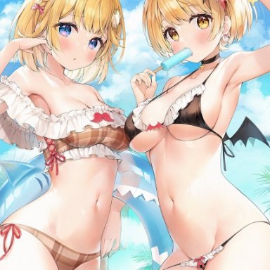 2girls, ayamy, beach, bikini, blonde hair, breasts, female, female focus, female only, hololive, hololive english, multiple girls, sideboob, swimsuit, virtual youtuber