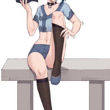 1boy, blue hair, blush, book, choker, crop top, crossdressing, femboy, genshin impact, kneehighs, midriff, moolmoonlight, navel, otoko no ko, revealing clothes