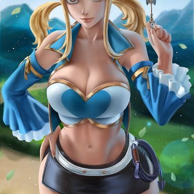 1girls, belly, blonde hair, brown eyes, cleavage, detached sleeves, fairy tail, huge breasts, izhardraws, looking at viewer, lucy heartfilia, miniskirt, twintails