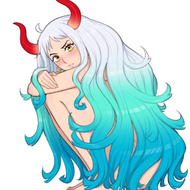 1girls, afrobull, crouching, gradient hair, green hair, horn, one piece, shounen jump, solo, tagme, two tone hair, white background, white hair, yamato (one piece)