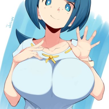 1girls, big breasts, blue eyes, blue hair, breasts, clothes, female, female only, freckles, hair ornament, human, jellcaps, lana's mother (pokemon), mature, mature female