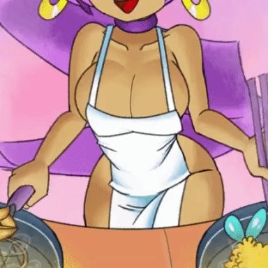 animated, animated, apron, bent over, big breasts, chopsticks, cleavage, cooking, dancing, earrings, grease, happy, hips, long ears, minus8