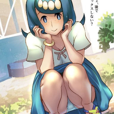 bare legs, blue eyes, blue hair, blue panties, blue skirt, bracelet, breasts, cleavage, creatures (company), day, dutch angle, e keroron, female, flip-flops, freckles