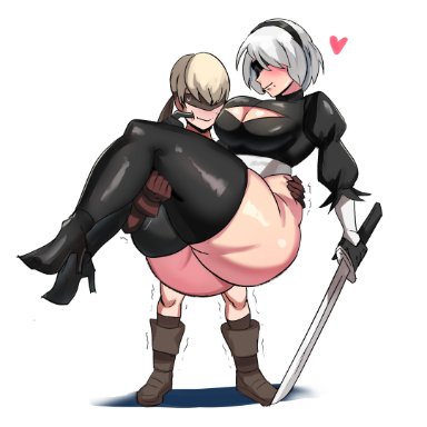 1boy, 1girls, ass, big ass, big breasts, big butt, blindfold, breasts, carrying, gloves, grey hair, hearts, high heel boots, huge ass, large breasts