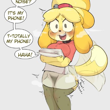 1girls, animal crossing, anthro, blush, canine, clothed, collar, dog collar, embarrassed, female, female only, furry, grey eyes, isabelle (animal crossing), large breasts