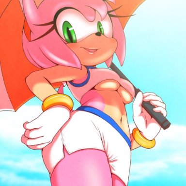 1girls, amy rose, beach, from below, looking at viewer, looking down, michiyoshi, pink hair, solo, sonic (series), umbrella, underboob