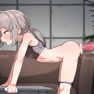 1boy, absurdres, all fours, ass, bangs, bar censor, bare shoulders, blush, bra, breasts, censored, couch, dark skin, erection, eyebrows visible through hair