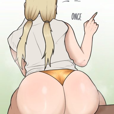 1girls, ass focus, bare arms, bare ass, bare legs, bare shoulders, bench, big ass, blonde hair, bottom heavy, clothed female, clothing, commentary, dat ass, english commentary