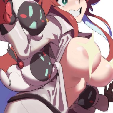 accidental exposure, ahoge, areola slip, areolae, bangs, bodysuit, breast slip, breasts, bright pupils, censored, convenient censoring, female, gloves, green eyes, guilty gear