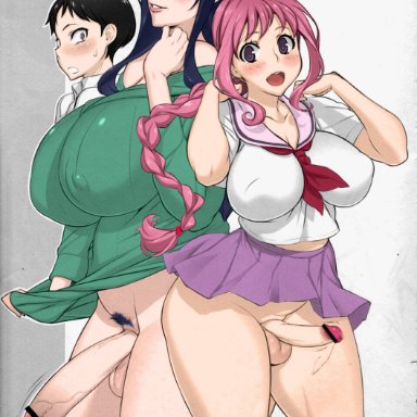 1boy, 2futas, areola, balls, big breasts, blue hair, bottomless, breasts, censored, chubby, clothed, clothing, color edit, colored, curvy