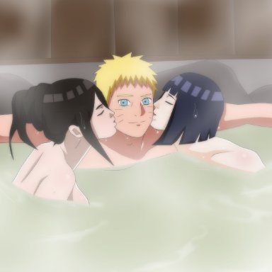 1boy, 2girls, agung911, alternate hairstyle, bare arms, bare back, bathhouse, big breasts, blush, body blush, boruto: naruto next generations, breasts, brother in law and sister in law, brown hair, canon couple