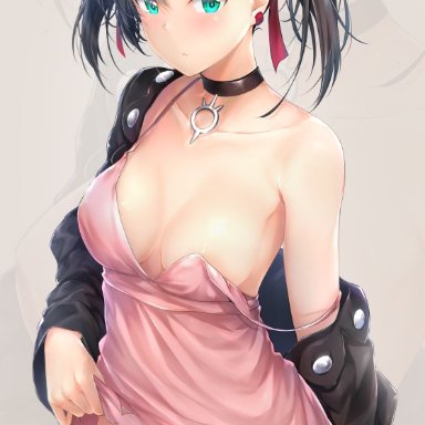 :<, alternative bust size, aqua eyes, archway of venus, areola slip, areolae, artist name, asymmetrical bangs, asymmetrical hair, bangs, black choker, black hair, black jacket, black nails, blush