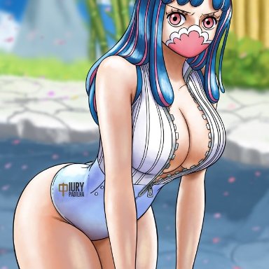 1girls, big ass, big breasts, big butt, blue hair, face mask, facemask, horns, iury padilha, long hair, one piece, pink eyes, pink hair, swimsuit, ulti (one piece)