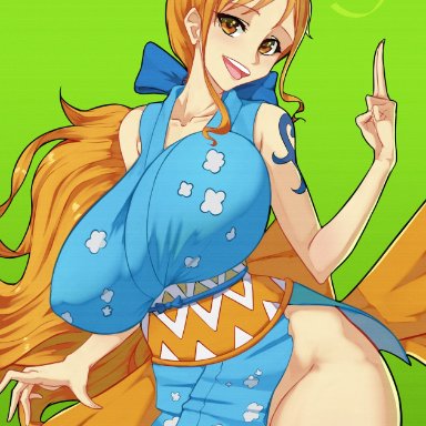 1girl, 47 hard, blue clothing, blue kimono, bouncing breasts, breasts, clothing, collar, exposed pussy, green background, japanese clothes, kimono, large breasts, looking at viewer, nami