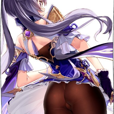 ass, bangs, blue skirt, braid, brown legwear, choker, coat, collared dress, double bun, dress, facing away, feathers, flower, frilled gloves, frills