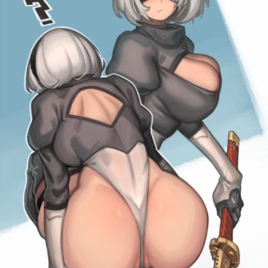 1girls, ?, ass, big breasts, big butt, blindfold, breasts, denle, female, gloves, grey hair, hairband, high resolution, kelvin hiu, large breasts