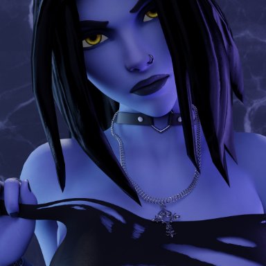 1girls, 3d, 3d (artwork), alternate color, alternate costume, alternate hairstyle, black hair, black lips, black lipstick, black nails, blender, blender (software), blue skin, bracelet, bracelets