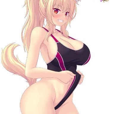 animal ears, ass, blonde hair, blush, breasts, cleavage, large breasts, looking at viewer, navel, one-piece swimsuit, original, ponytail, red eyes, standing, swimsuit