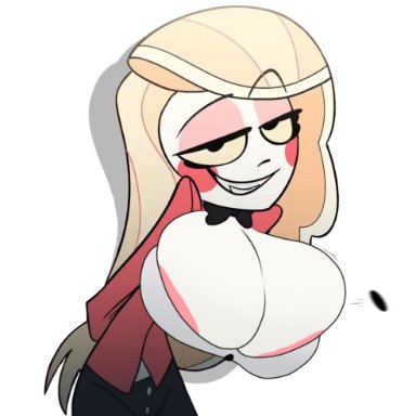 1girls, big breasts, blonde hair, breast expansion, breasts, busty, button pop, charlie magne (hazbin hotel), cleavage, clothed female, clothing, cute, demon, demon girl, edit