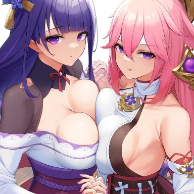 2girls, bangs, bare shoulders, blunt bangs, breast press, breasts, cleavage, genshin impact, gohei (aoi yuugure), hair between eyes, hair ornament, half-closed eyes, holding hands, japanese clothes, kimono