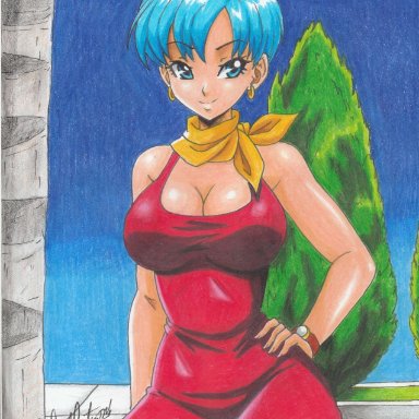 1girls, 2021, bare shoulders, big breasts, blue eyes, blue hair, bulma briefs, cleavage, dragon ball, dragon ball super, microdress, milf, minidress, pencil (artwork), ravern clouk