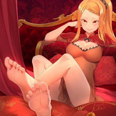 bed, cleavage, feet, female, french braid, large breasts, looking at viewer, orange hair, priscilla barielle, re:zero kara hajimeru isekai seikatsu, red dress, red eyes, side ponytail, sidelocks, smile