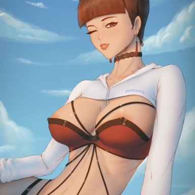 alternate costume, areola, areola slip, big breasts, blunt bangs, boruto: naruto next generations, bottomless, bra, breasts, brown eyes, brown hair, choker, clothed female, clothing, cropped legs