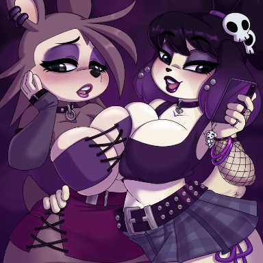 2girls, animal crossing, anthro, awd, belt, big breasts, black hair, black lipstick, blithedragon, breast to breast, breasts, cellphone, choker, cleavage, clothing