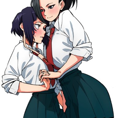 2girls, black hair, blue hair, blush, breasts, collared shirt, duo, earplugs, female, half-closed eyes, high resolution, holding hands, interlocked fingers, kyoka jiro, leg between thighs