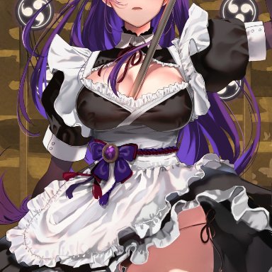 absurdres, alternate costume, apron, arm up, ass visible through thighs, bangs, between breasts, black dress, black legwear, black panties, blush, breasts, bridal gauntlets, commentary, dress