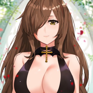 adult only, ahoge, alternative costume, black dress, breasts, brown hair, choker, cleavage, dress, female, female, hair over one eye, high resolution, kono subarashii sekai ni shukufuku wo!, large breasts