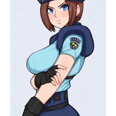 afrobull, angry expression, blue eyes, blue pants, brown hair, fingerless gloves, holding arm, jill valentine, light blue shirt, police uniform, resident evil, s.t.a.r.s, tagme