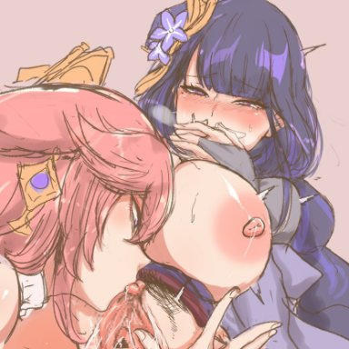 2girls, clitoris, cunnilingus, duo, female, female only, genshin impact, low-angle view, masso nullbuilt, pubic hair, purple hair, raiden shogun, sucking clitoris, yae (genshin impact), yuri