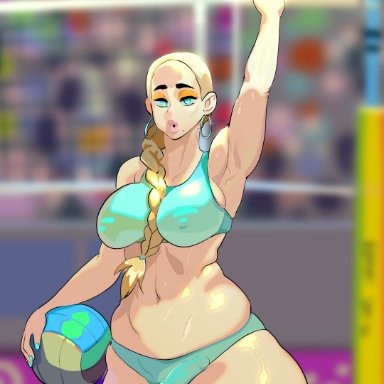 1futa, areolae, balls, big breasts, bikini, blonde hair, blue eyes, blurry background, breasts, bulge, clothed, clothing, crystalcheese, earrings, erection