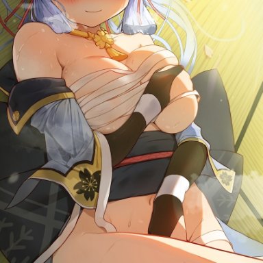 absurdres, armor, bangs, blue eyes, blunt bangs, blush, breasts, covering, covering crotch, eyebrows visible through hair, female, genshin impact, grabbing own breast, groping, hair ornament