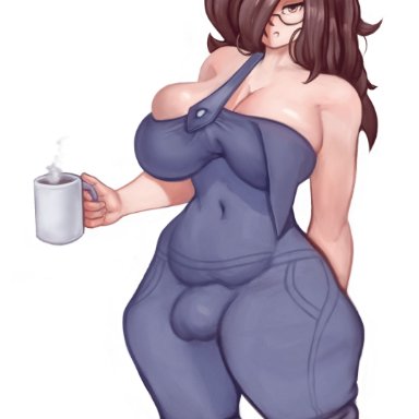 1futa, akeowi, bare shoulders, big breasts, breasts, brown hair, bulge, clothed, clothing, cup, diders, flaccid, fully clothed, futa only, futanari