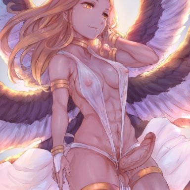 1futa, abs, angel, angel wings, areolae, balls, big penis, breasts, clothed, clothing, erection, futa only, futanari, halo, humanoid