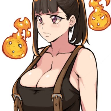 fire force, oze maki, bl00d h00d, maki oze, brown hair, purple eyes, big breasts, large breasts, breasts, muscular female, female, muscular, multiple girls, breasts focus, boobs