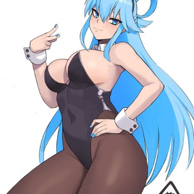 1girls, aqua (konosuba), big breasts, blue eyes, blue hair, blue nails, breasts, bunny ears, bunnysuit, donburikazoku, eye contact, female, kono subarashii sekai ni shukufuku wo!, large breasts, looking at viewer