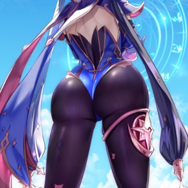 1girls, 2021, ass, ass focus, ass shot, back, back view, black hair, blue sky, bubble butt, facing forward, female, female focus, female only, genshin impact