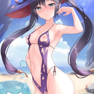 garter, genshin impact, marinesnow, mona (genshin impact), nipples, pussy, sling bikini, swimsuits, torn clothes