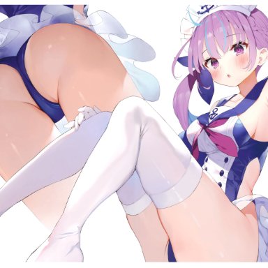 :o, adapted costume, anchor print, aqua ch., aquart -minato aqua fan art book-, ass, azur lane, bare shoulders, blue hair, blush, braid, breasts, clavicle, clothing, comic market